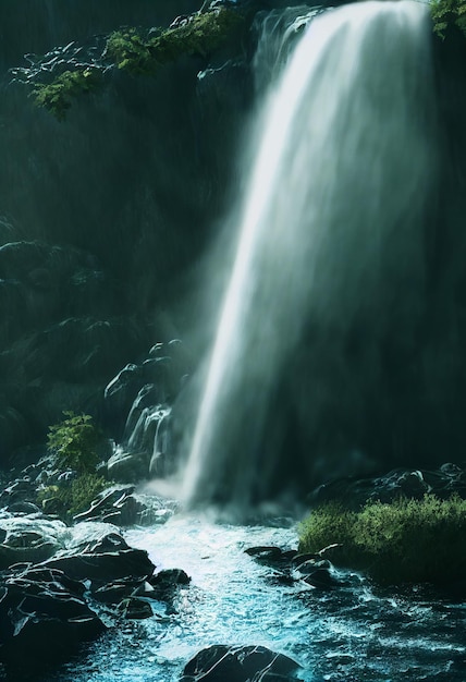 Wunderschöner Wasserfall im tiefen Wald wie eine paradiesische 2D-Illustration