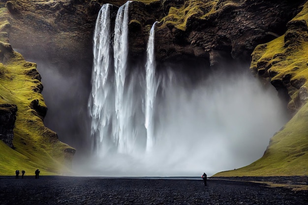 Wunderschöner Wasserfall zwischen hohen bemoosten Klippen am Strand von Island