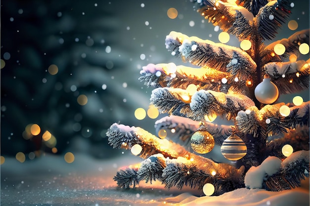 Wunderschöner Weihnachtsbaum mit verschwommenem, verträumtem Bokeh-Hintergrund und Kopierraum. Generative KI-Illustration
