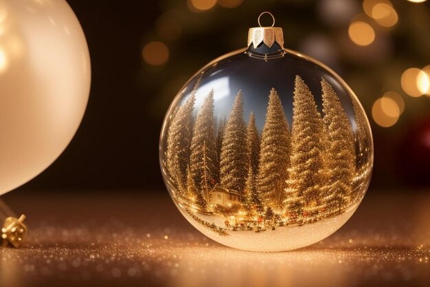 Foto wunderschöner weihnachtsblau-gold-hintergrund mit schnee xweihnachtsbaum im inneren von weihnachtsballen