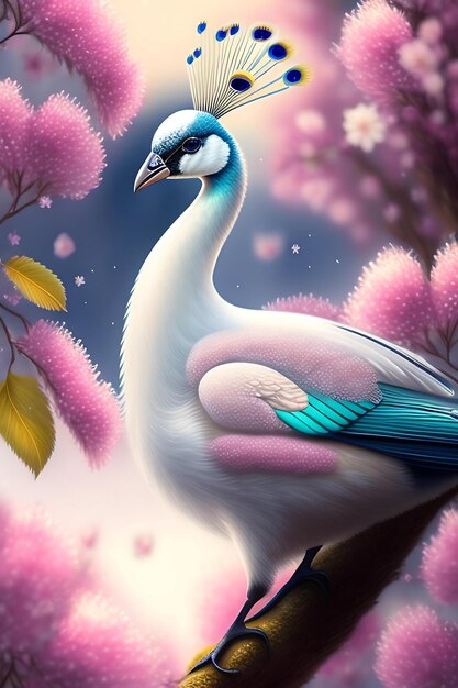 Wunderschöner weißer Pfau mit zarten Federn. Rosa Kirschblütenbaum mit ätherischem Vogel