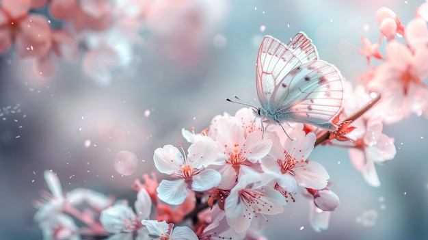 Wunderschöner weißer Schmetterling auf einer Kirschblüte, die von KI generiert wurde