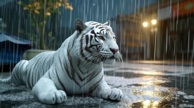 Wunderschöner weißer Tiger auf der generativen KI des sanften Regens
