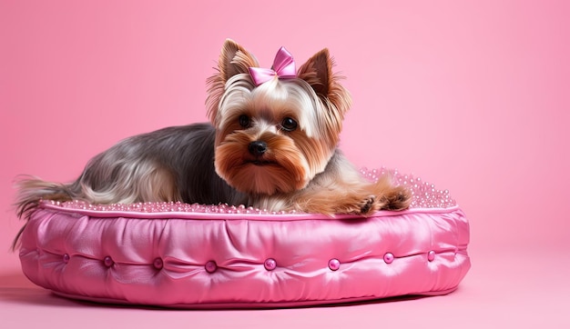 Wunderschöner Yorkshire-Terrier, der auf einem rosa Kissen im Stil von Salon Kei liegt