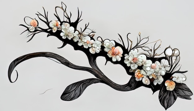 Wunderschöner Zweig mit Frühlingsblumen Realistischer Obstbaumzweig Detailliertes handgezeichnetes Clip-Art-Element Generative Ai