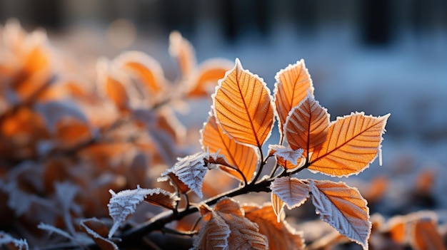 Wunderschöner Zweig mit orangefarbenen und gelben Blättern im Spätherbst oder frühen Winter unter dem Schnee