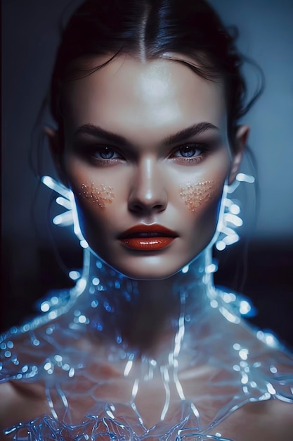 Wunderschönes ätherisches Nahaufnahmeporträt magische futuristische biolumineszente kybernetische Mode AIGenerated