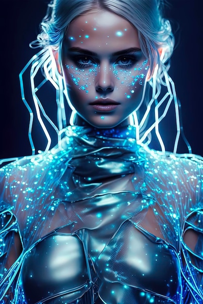 Wunderschönes ätherisches Nahaufnahmeporträt magische futuristische biolumineszente kybernetische Mode AIGenerated