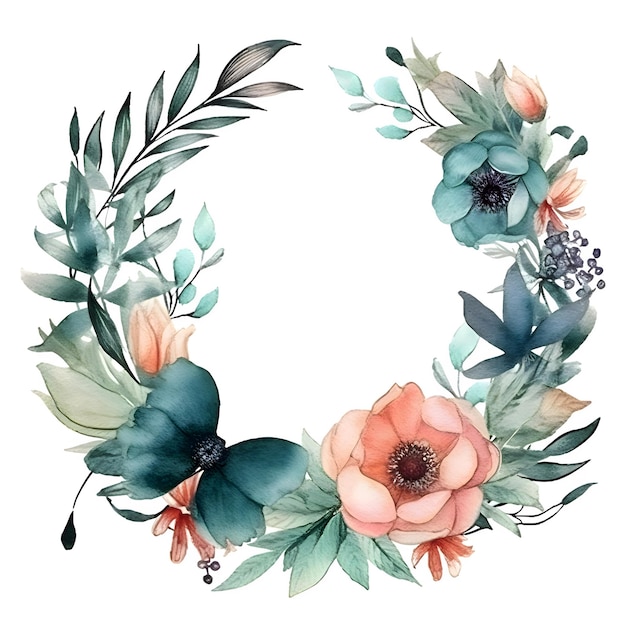 Wunderschönes Aquarell-Blumenrahmendesign für Hochzeitseinladungen oder Grußkarten. Handgezeichnete Blumen und Blätter in sanften Pastellfarben, isoliert auf weißem Hintergrund