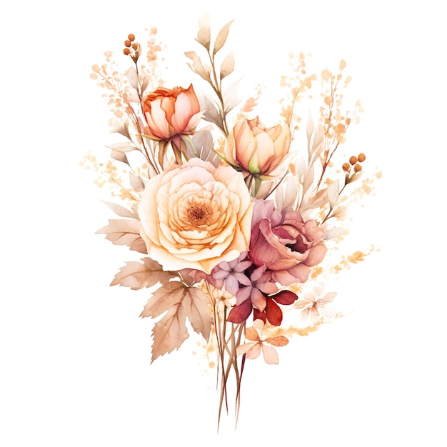 Wunderschönes Aquarell Herbst Bouquet Boho Blumen Bouquet Handgezeichneter Illustration auf weißem Hintergrund