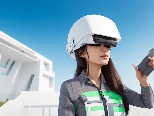 wunderschönes asiatisch-chinesisches Mischrasen-Modell trägt ein VR-Gerät und beobachtet den Bau eines Gebäudes