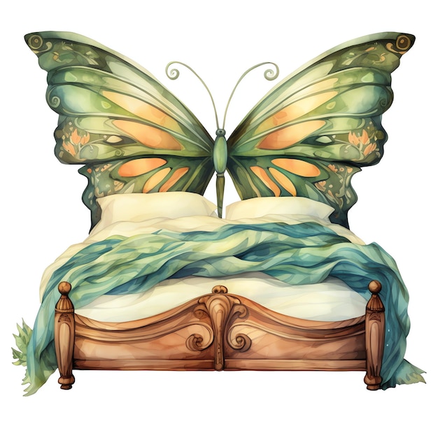 wunderschönes Bett mit Flügeln magische Märchen-Clipart-Illustration