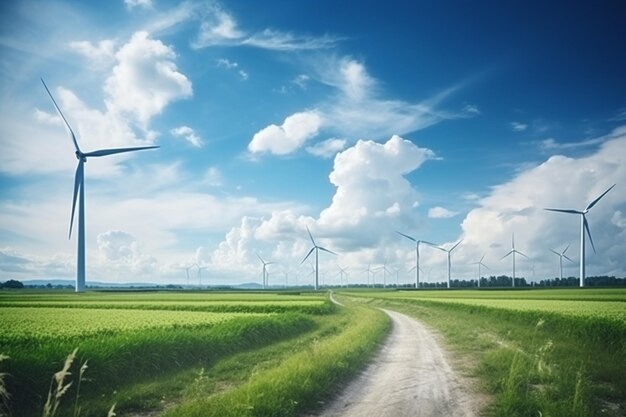 wunderschönes Bild der Windturbinen auf einem mit Gras bedeckten Feld, das in Holland aufgenommen wurde