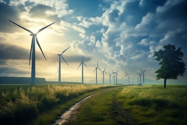 wunderschönes Bild der Windturbinen auf einem mit Gras bedeckten Feld, das in Holland aufgenommen wurde