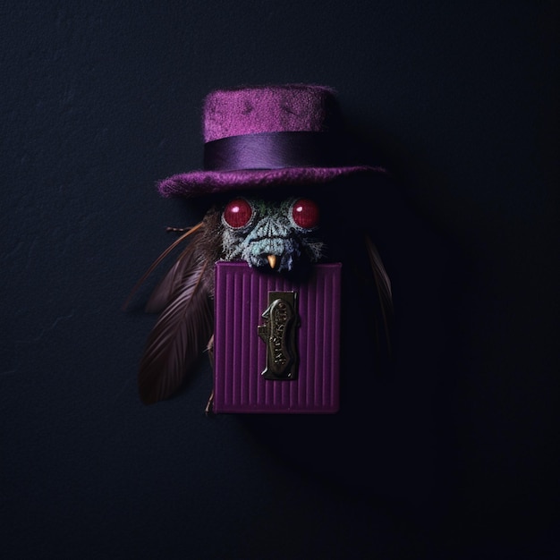 Wunderschönes Bild, lila Fliege mit Hut, die sich hinter einer Streichholzschachtel versteckt. KI-generierte Kunst