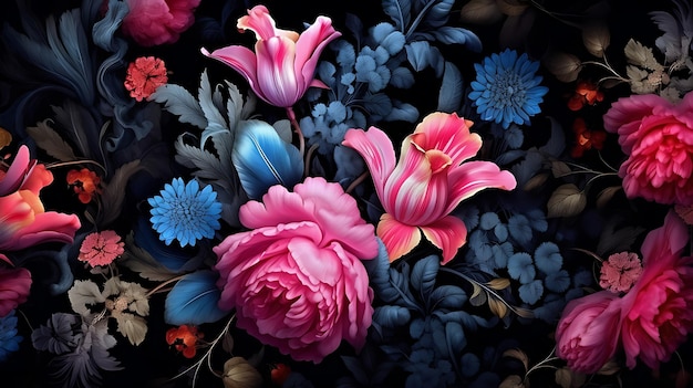 Wunderschönes Blumenmuster auf schwarzem Backgrund