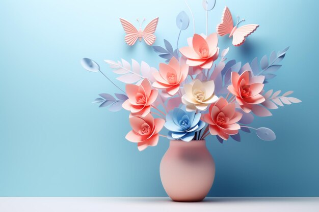 Wunderschönes Bukett aus geschnittenem Papier Blumen und Schmetterlinge in Vase auf pastellrosa-blau Geburtstag Hochzeit Muttertag Valentinstag Frauentag Vorderansicht Frühlingsblumen 8. März Banner