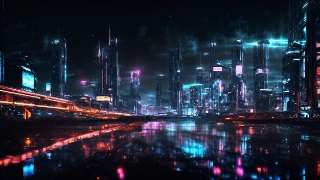 wunderschönes Cyber-Stadtbild vor einem schwarzen Nacht-Hintergrund