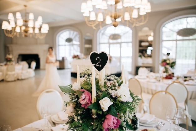 Wunderschönes Dekor mit frischen Blumen und Kerzen auf der Hochzeitstafel