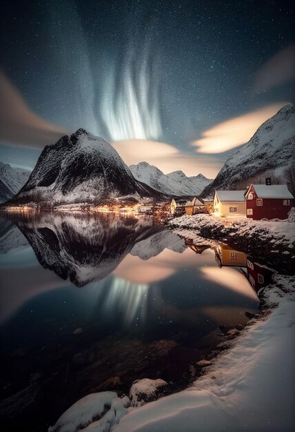 Wunderschönes Dorf mit Aurora und Sternenspur über dem Nachthimmel Erstellt mit generativer KI-Technologie