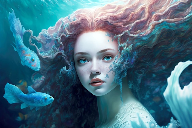 Wunderschönes Fantasy-Mädchen, das sich in eine Unterwasser-Meerjungfrau verwandelt hat