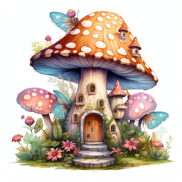 wunderschönes Feenhaus, eingebettet zwischen riesigen Pilzen, Aquarell, Fantasie, Märchen-Clipart