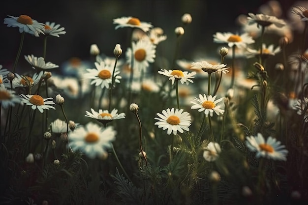 Wunderschönes Feld aus weißen Gänseblümchen mit leuchtend gelben Zentren. Generative KI