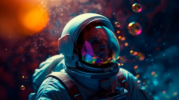 Wunderschönes Gemälde eines Astronauten in einer Galaxie mit bunten Blasen auf einem anderen Planeten. Generative KI