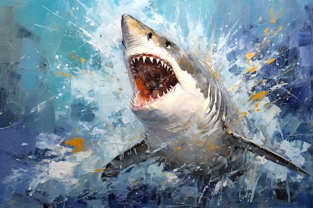 Wunderschönes Gemälde eines Hais mit offenem Maul und wütend im Meer. Unterwassertiere Illustration Generative KI