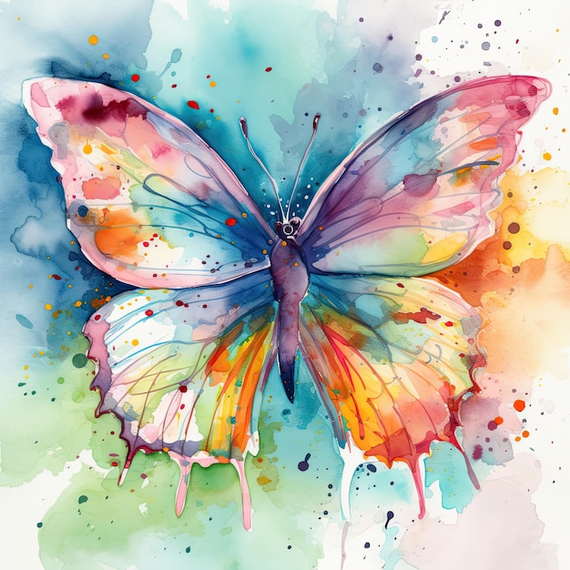 Wunderschönes Gemälde eines schönen bunten Schmetterlings, gezeichnet mit realistischen Aquarellfarben von Generative AI