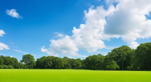 Wunderschönes grünes Gras mit Bäumen im Himmel und Wolken