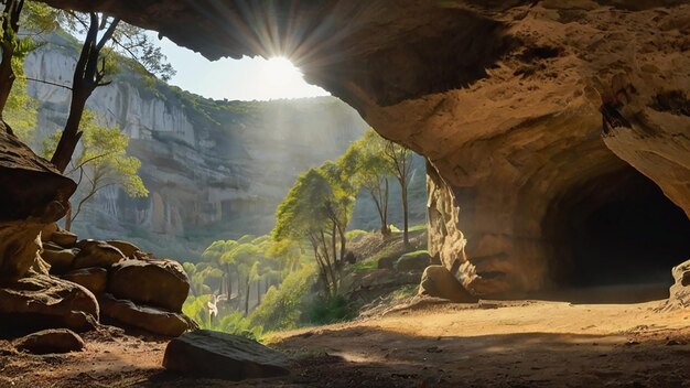 Wunderschönes Höhlenfarbenbild mit durchscheinendem Sonnenlicht PostertemplateFotografie-Bild Ai generierte Kunst