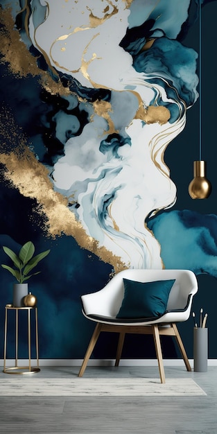 Wunderschönes Innendesign mit Sessel und abstrakter Wandmalerei in den Farben Weiß, Blau und Gold Generative Ai