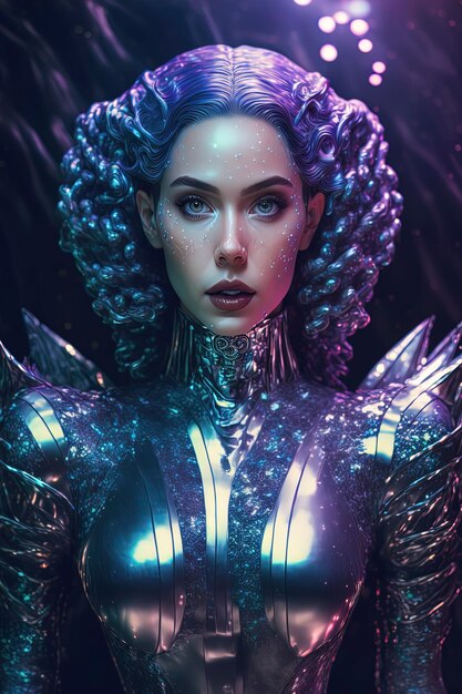 Wunderschönes junges Supermodel Göttin Meerjungfrau Cyborg mit kompliziertem futuristischem Porträt AIGenerated