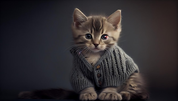 Wunderschönes Kätzchen in einer Strickjacke, Studiofotografie