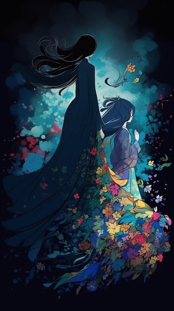 Wunderschönes langes Anime-Kleid aus mehrfarbigem Rubans-Fotografiebild, KI-generierte Kunst