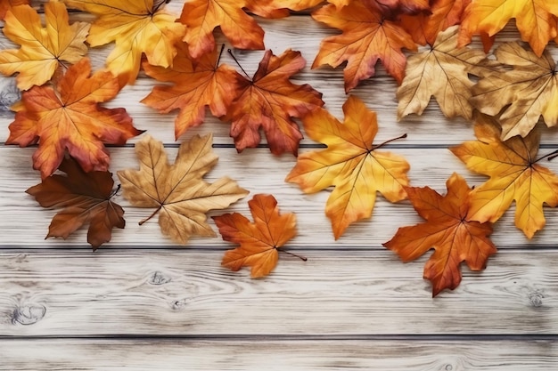 Wunderschönes Laub Herbststimmung das Laub liegt auf einem weißen Holztisch AI generativ