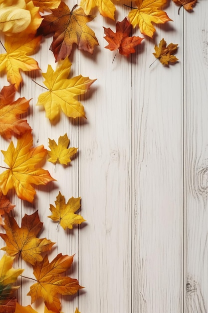 Wunderschönes Laub Herbststimmung das Laub liegt auf einem weißen Holztisch AI generativ