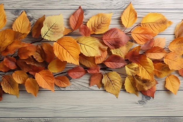 Wunderschönes Laub Herbststimmung das Laub liegt auf einem weißen Holztisch AI generativ