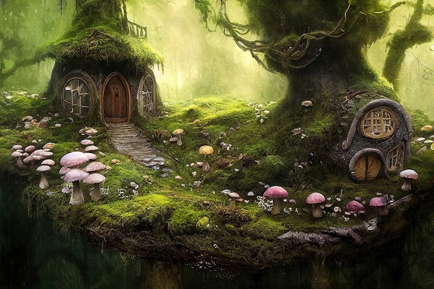 Wunderschönes Märchenhaus auf einem Hügel in einem zauberhaften Morgenwald. Ein Waldmärchenkonzept.