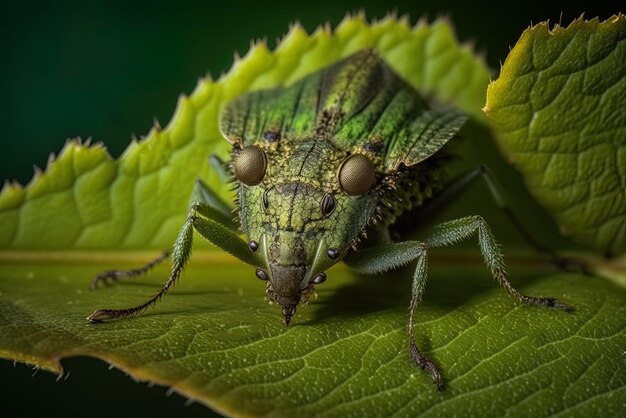 Wunderschönes Makrofoto einer Ampfer-Insektennymphe, die auf einem grünen Blatt thront