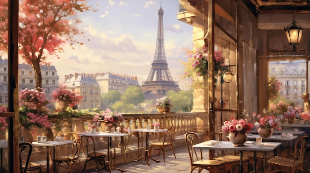 Wunderschönes Malen-nach-Zahlen-Café in Paris mit der generativen KI des Eiffelturms
