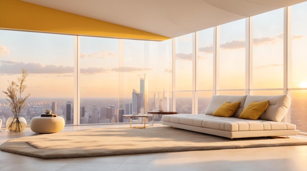 Wunderschönes minimalistisches gelbes Wohnzimmer