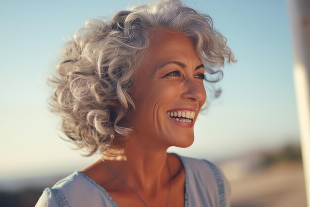 Foto wunderschönes modell 5055-jährige frau mit grauen haaren lacht und lächelt