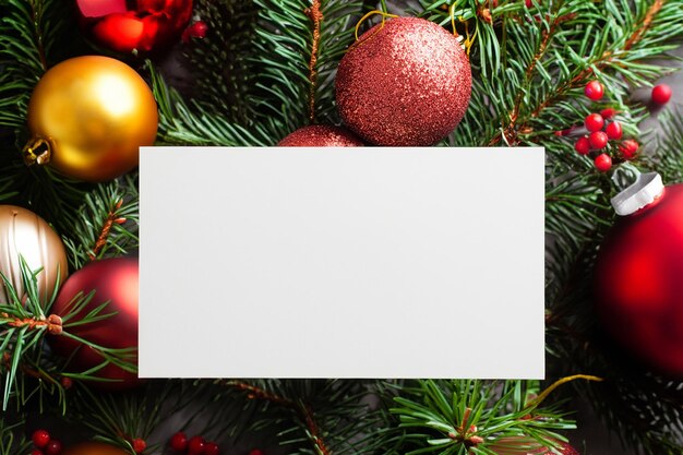 Wunderschönes Modell einer weißen Karte mit Weihnachtsornamenten auf der Seite der Karte