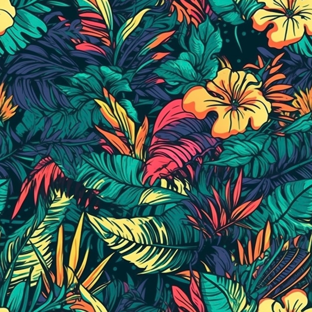 Wunderschönes nahtloses Muster tropischer Blumen, erstellt mit generativer KI