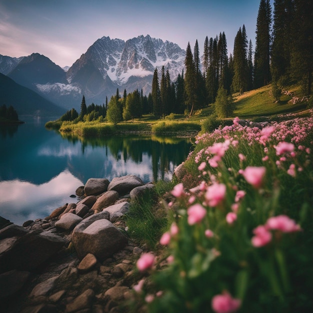 Wunderschönes Natur-See-Wald-Berg-Tapeten-Hintergrundbild