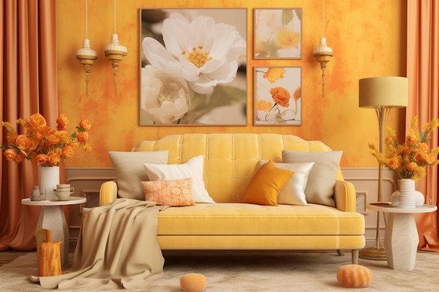 Wunderschönes orangefarbenes Halloween-Interieur mit Kürbissen und gelben Blumen