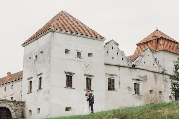 Wunderschönes Paar Jungvermählten, die sich im Freien umarmen, umgeben von Natur, Bräutigam und Braut auf einem Spaziergang in der Nähe des Hochzeitskonzepts des alten Schlosses