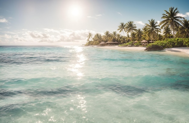 Wunderschönes Panorama auf blauen Strand und weißen Sand auf den Malediven mit sommerlichem Strandhintergrund